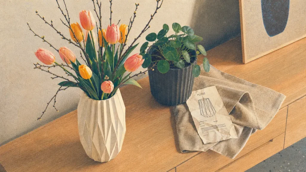Vase en plastique en déco intérieure avec bouquet de tulipes