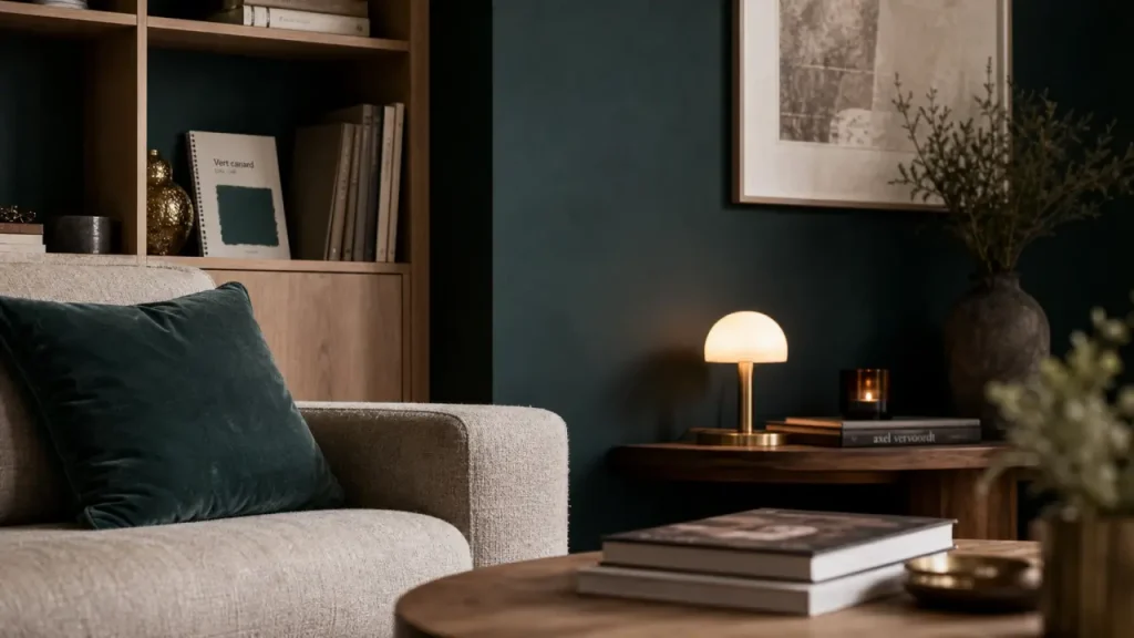 Mur vert canard couleur dans un intérieur contemporain, canapé beige et coussin velours