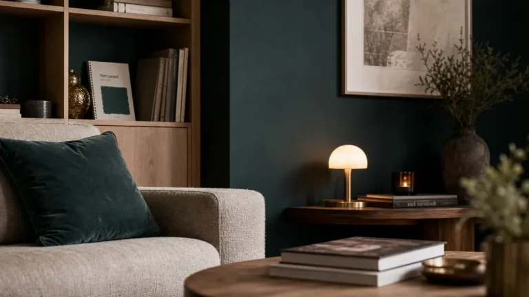 Mur vert canard couleur dans un intérieur contemporain, canapé beige et coussin velours