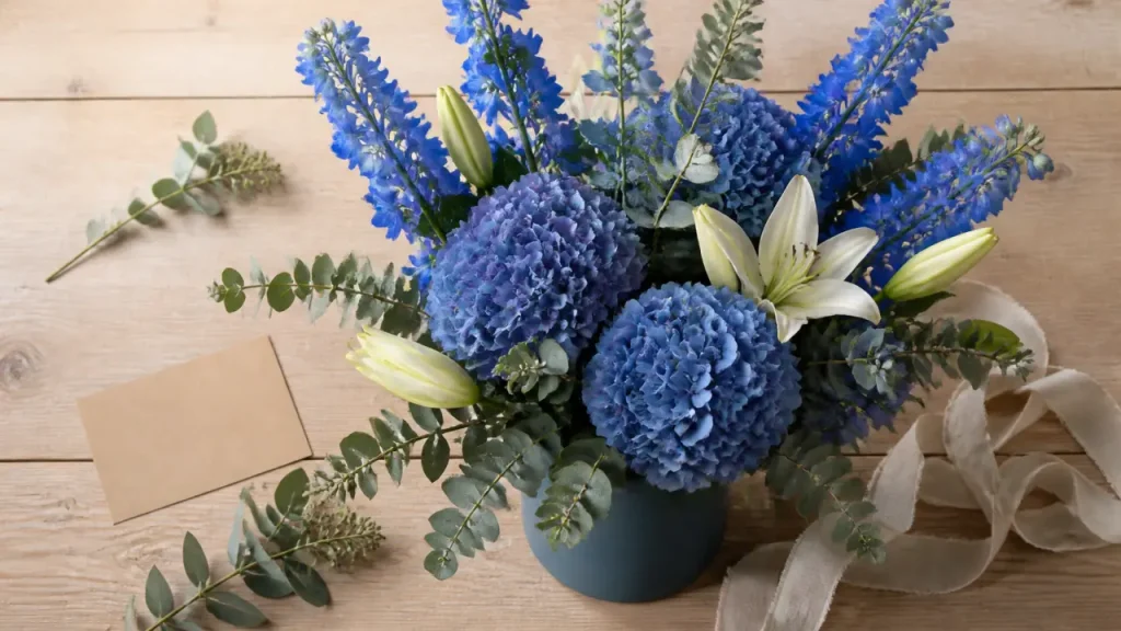 Bouquet de fleurs bleu dans un vase, hortensias bleu et delphinium