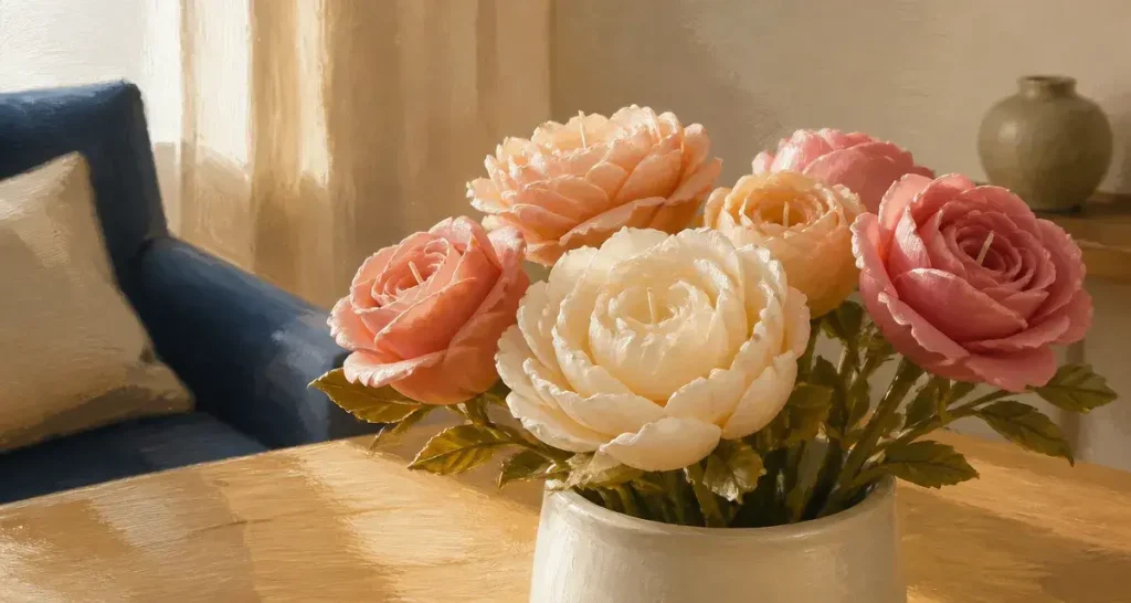 Bouquet de fleurs bougies en cire dans un vase blanc, alternative durable aux fleurs fraîches