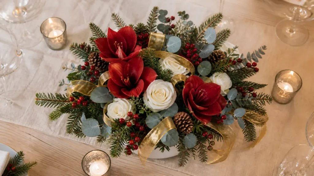 Bouquet de fleurs noel en centre de table de Noël, amaryllis et eucalyptus