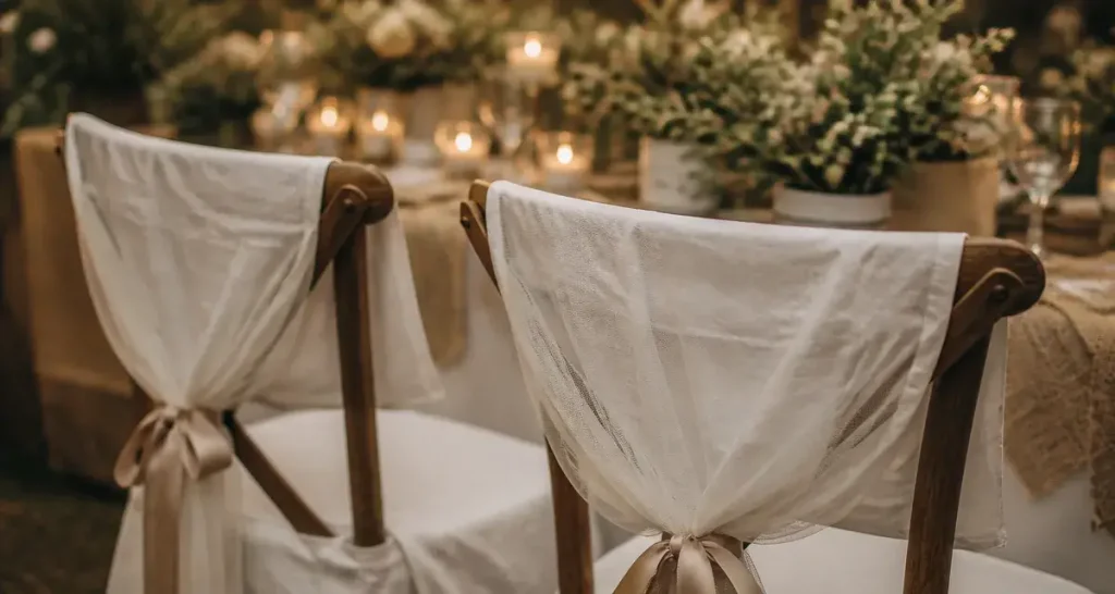 Décoration chaise pour mariage : chaises avec housses en coton et tulle