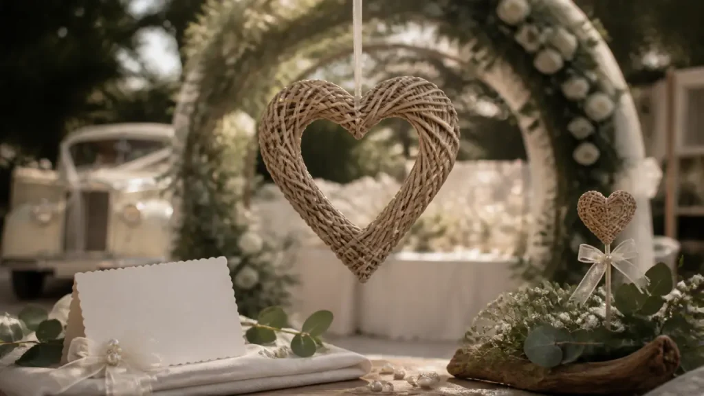 Décoration coeur pour mariage : grand cœur en rotin suspendu sur arche
