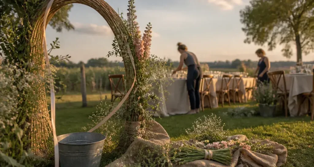Décoration florale mariage Libourne : arche bohème avec fleurs fraîches