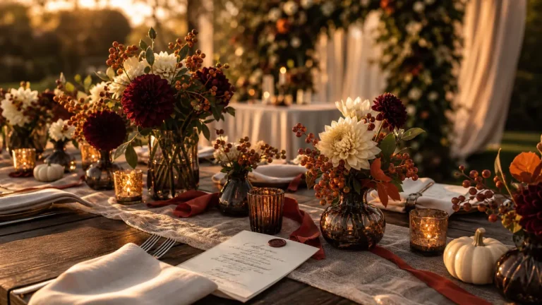 Décoration mariage automnale terracotta, bougies, vases fumés et matières naturelles