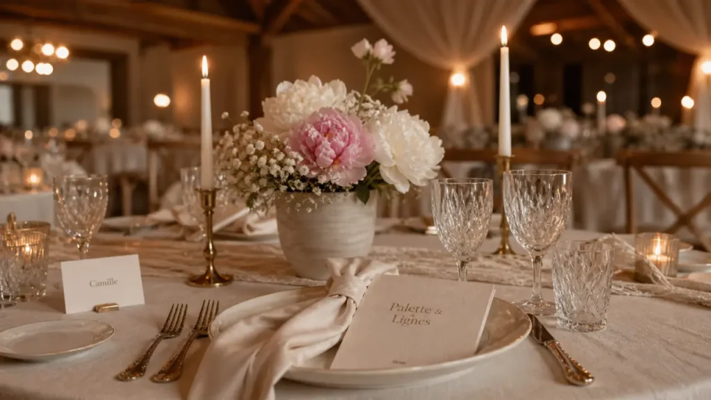 Décoration mariage chic et élégant : table ivoire en lin, fleurs et bougies