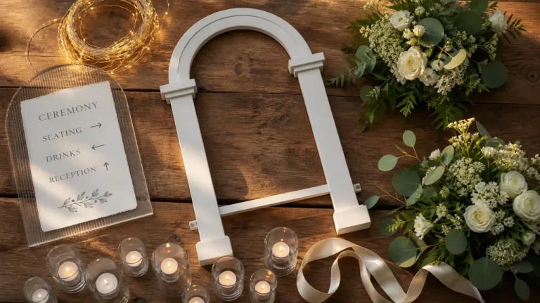 Décoration mariage extérieur : arche, allée et fleurs blanches en harmonie