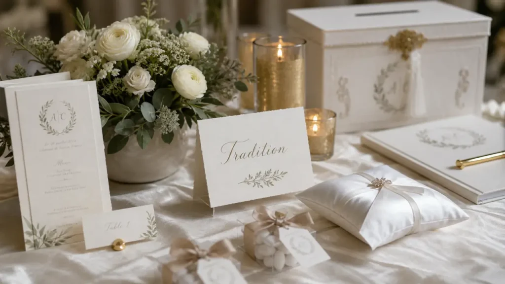 Décoration de mariage traditionnel : table ivoire et doré, centres de table et bougies