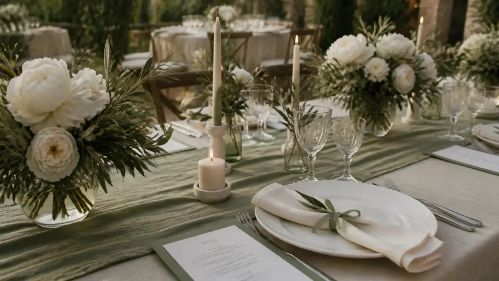 Décoration mariage vert et blanc : table lin vert sauge et vaisselle blanche