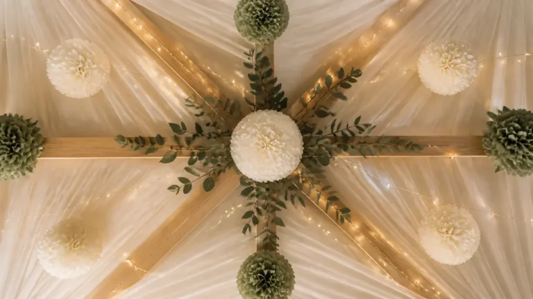 Décoration plafond mariage : fleurs et voilage suspendus