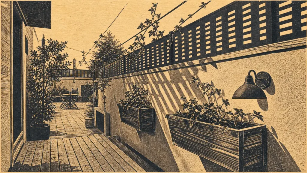 Décorer mur de jardin : mur beige avec claustra noir, câbles et jardinières murales