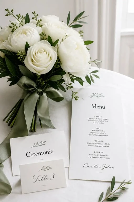 Décoration mariage vert et blanc : bouquet de mariée blanc et feuillage vert avec papeterie assortie