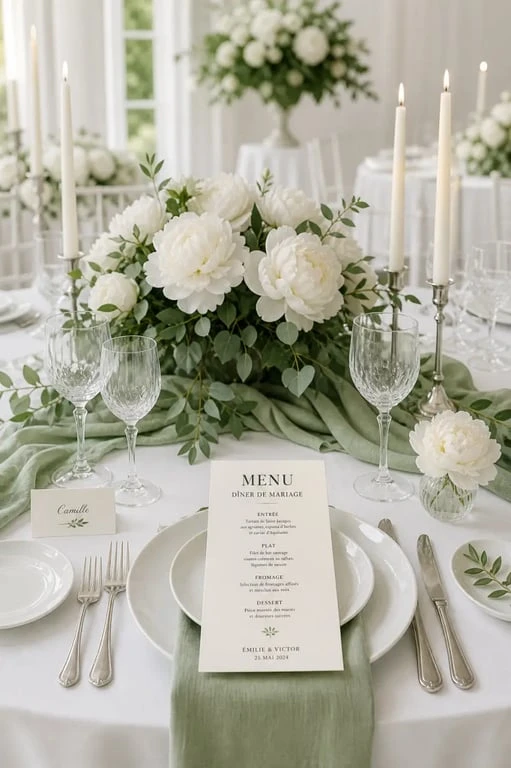 Décoration mariage vert et blanc : table élégante vert sauge et blanc avec fleurs blanches et bougeoirs