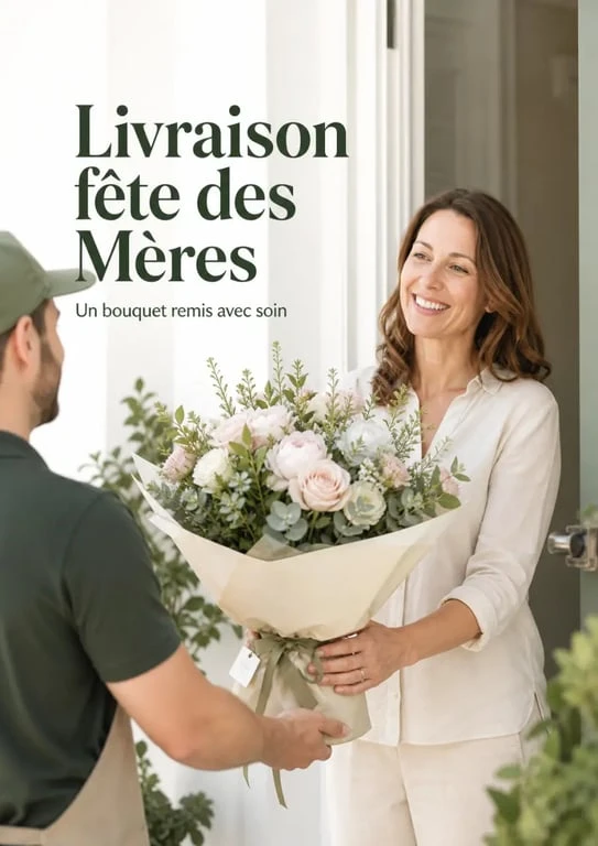 Livraison de bouquet de fleurs fête des mères à domicile dans une scène éditoriale réaliste