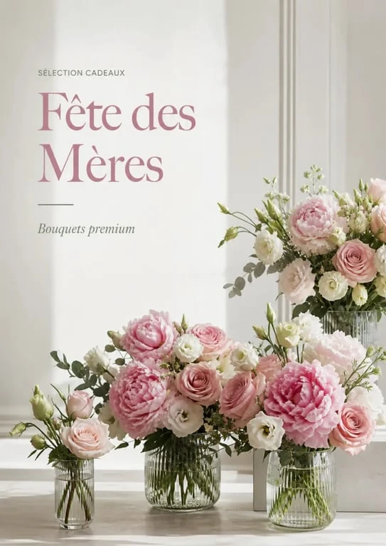 Bouquets de fleurs fête des mères en composition éditoriale élégante avec roses roses et pivoines
