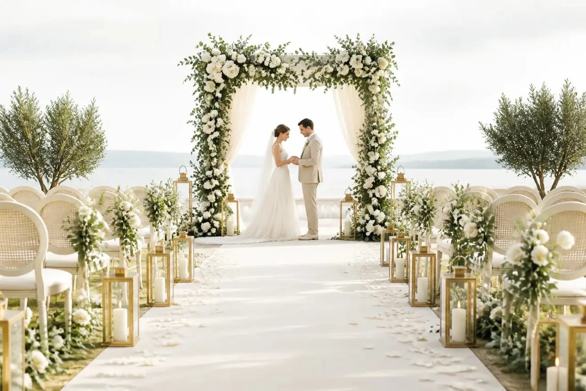 Décoration de mariage traditionnel pour cérémonie avec arche fleurie, allée claire et lanternes