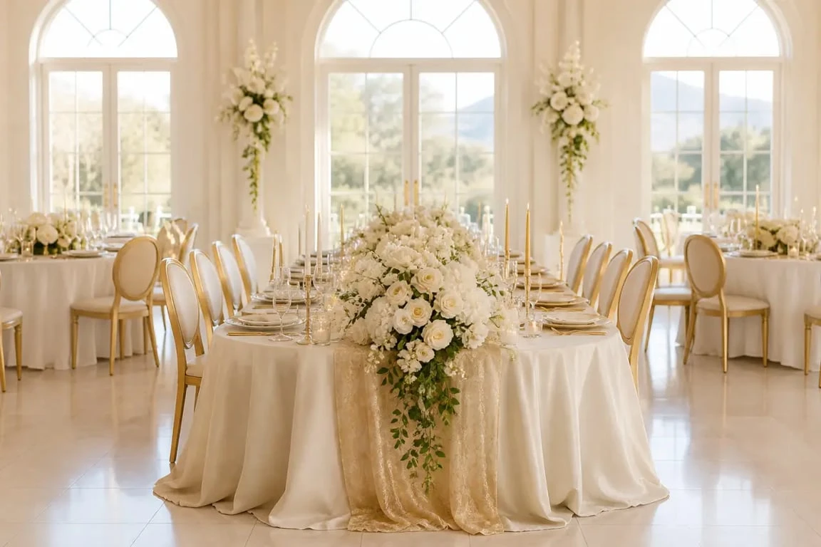 Décoration de mariage traditionnel dans une salle de réception avec table ivoire, fleurs blanches et bougies dorées