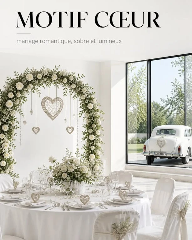 Décoration coeur pour mariage dans une salle romantique avec arche, table et voiture assorties