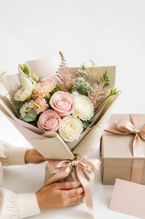 Bouquet de fleurs personnalisé en boîte avec carte message et initiale