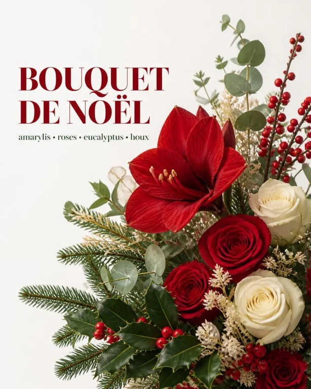 Bouquet de fleurs noel avec amaryllis, roses, eucalyptus et fleurs séchées