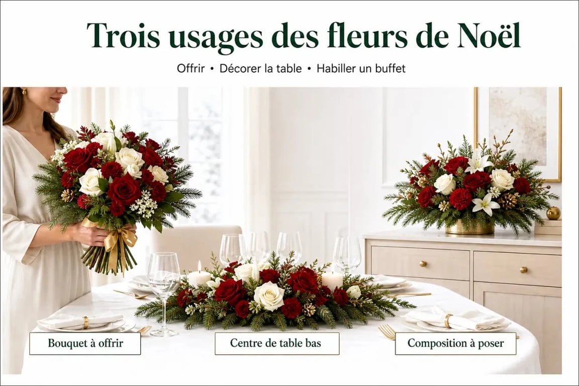 Bouquet de fleurs noel en trois usages : cadeau, centre de table et composition prête à poser