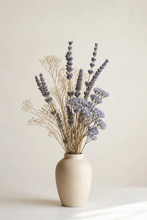 Composition de fleurs séchées pour bouquet de fleurs bleu dans un vase minimaliste