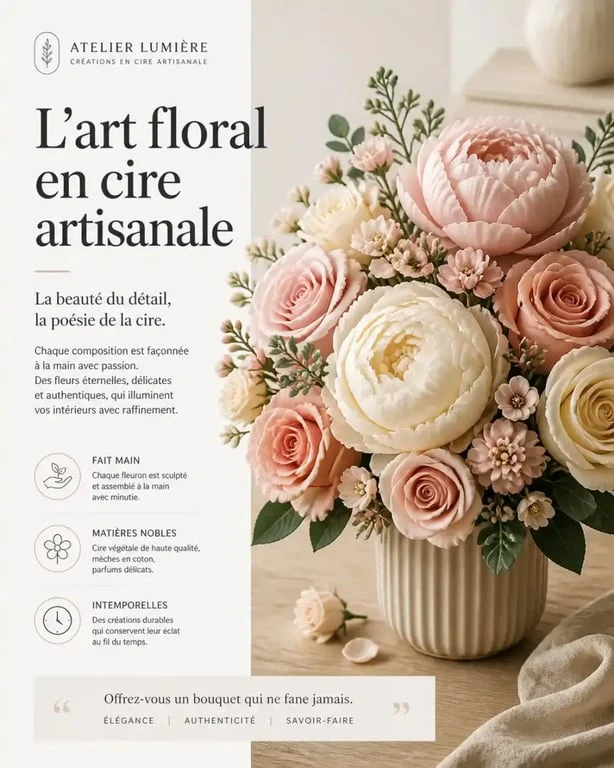 Un magnifique bouquet de fleurs bougies en cire artisanale posé sur une table, décoration d'intérieur raffinée.