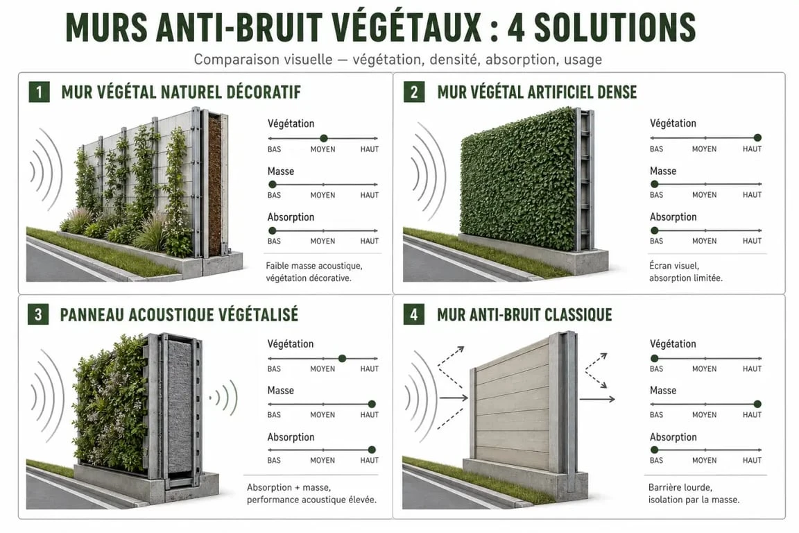 Mur anti bruit végétal : comparaison entre mur végétal naturel, mur végétal artificiel, panneau acoustique et mur antibruit classique