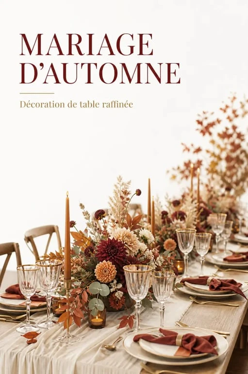Décoration mariage automnale élégante avec table en bois, fleurs de saison et bougies chaudes