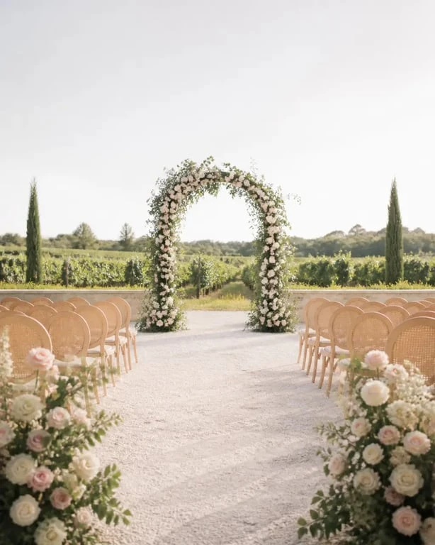 Décoration florale mariage libourne dans un domaine viticole avec arche bohème et fleurs fraîches