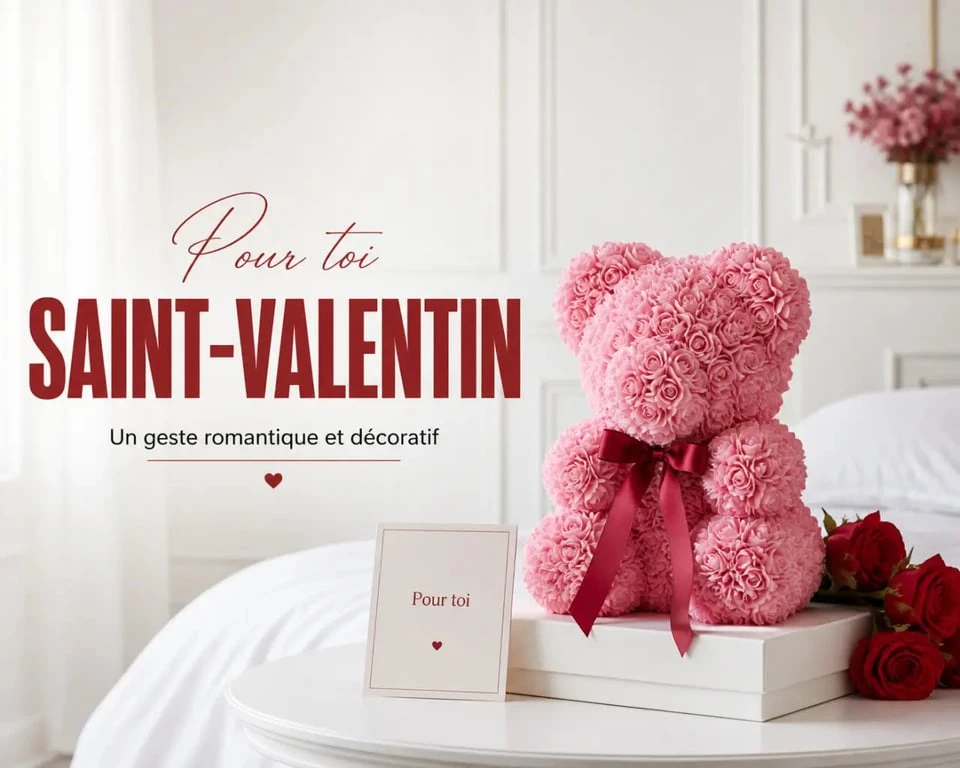 Ours en rose en décoration sur une table cadeau romantique