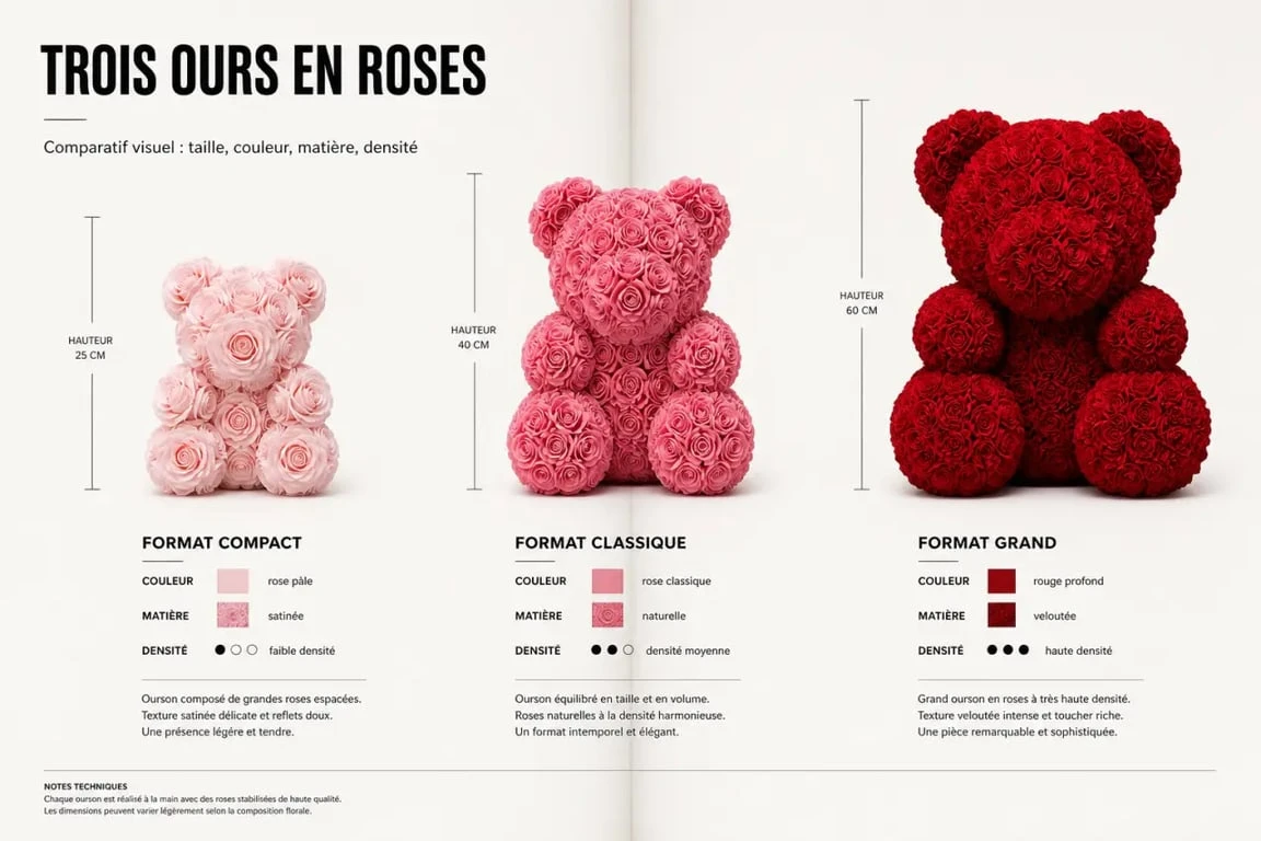 Ours en rose comparatif des tailles, couleurs et matières