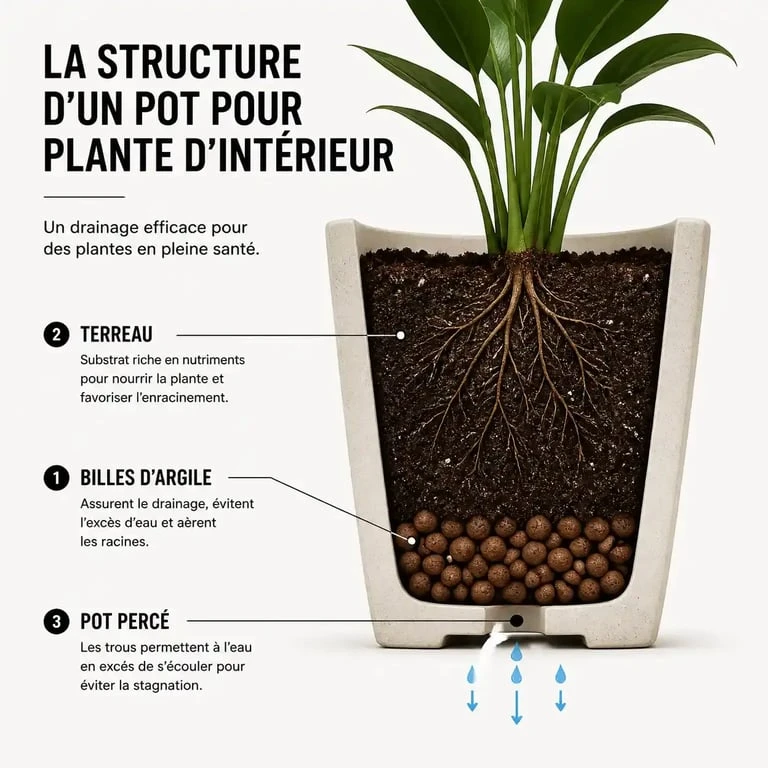 Schéma de drainage pour plante verte salle de bain : pot percé et billes d'argile.
