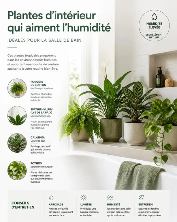 Sélection de plantes vertes pour salle de bain sur rebord de baignoire.