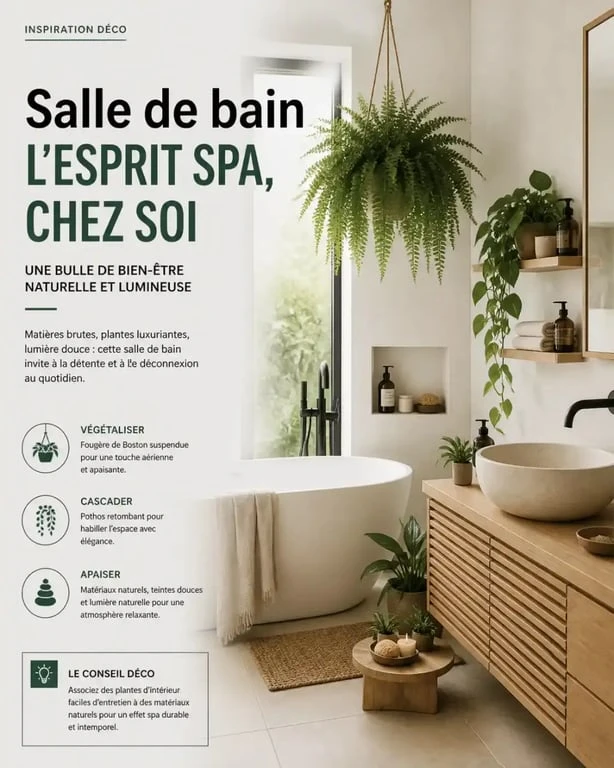 Plante verte salle de bain : aménagement d'un spa végétal avec fougère et pothos.