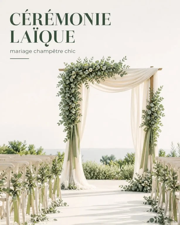 Décoration mariage vert sauge pour une cérémonie laïque avec arche, voilage ivoire et feuillage