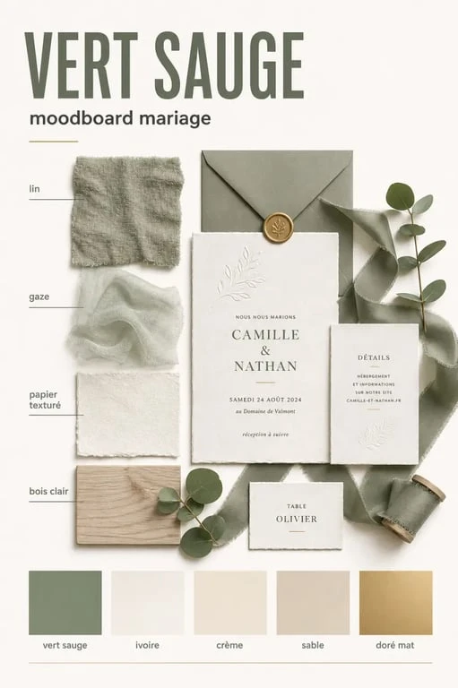 Décoration mariage vert sauge en moodboard avec palette de couleurs, matières naturelles et ambiance élégante