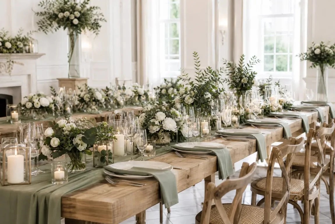 Décoration mariage vert sauge sur une table de réception élégante avec fleurs blanches et matières naturelles