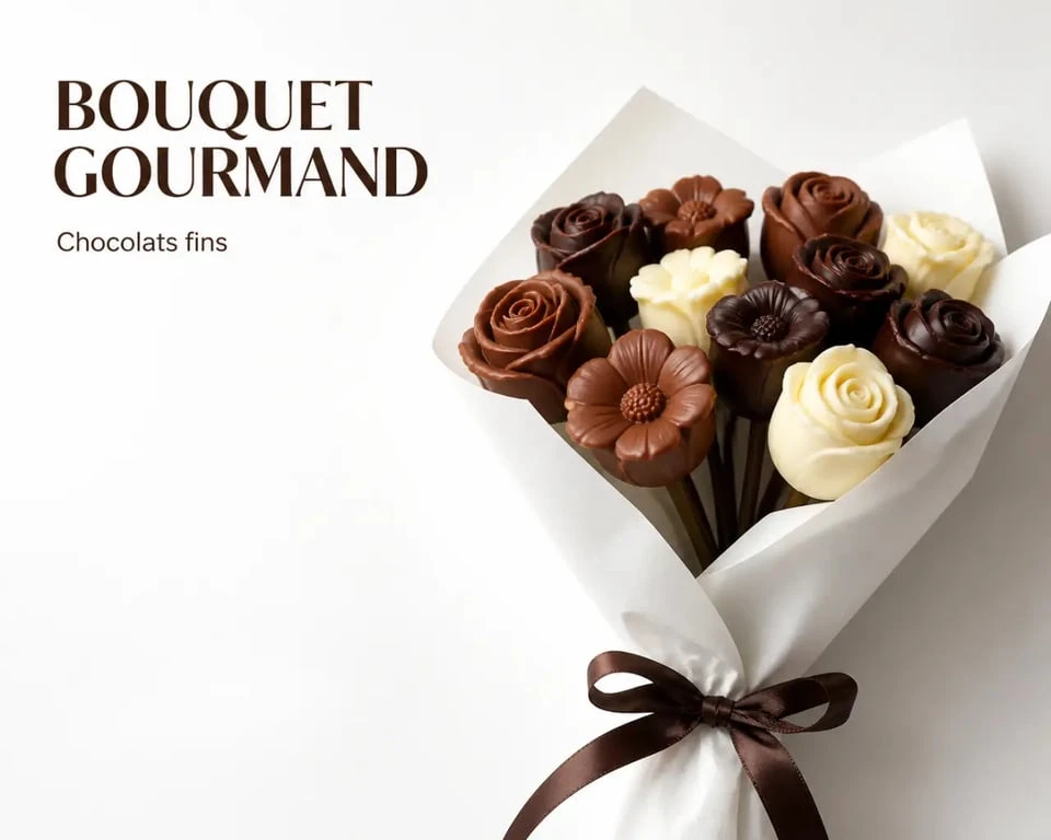 Chocolat en bouquet de fleurs présenté comme un cadeau gourmand raffiné avec chocolat noir, lait et blanc