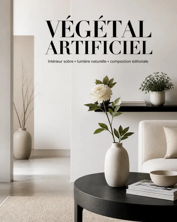 Mise en situation d’une fleur artificielle Truffaut dans un intérieur : vase, pot et branche décorative