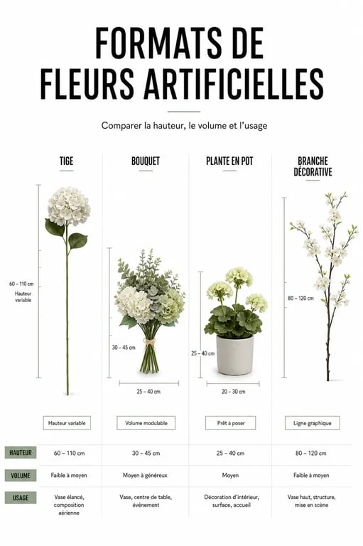 Comparatif des formats de fleur artificielle Truffaut : tige, bouquet, plante en pot et branche décorative