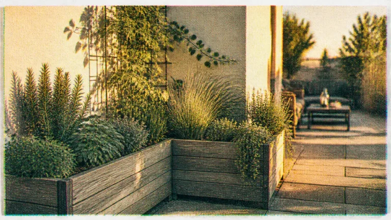 Idée jardinière originale en L sur terrasse urbaine avec aromates