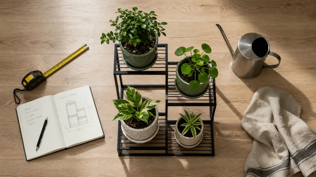 Meuble pour les plantes : étagère pour pots, vue du dessus