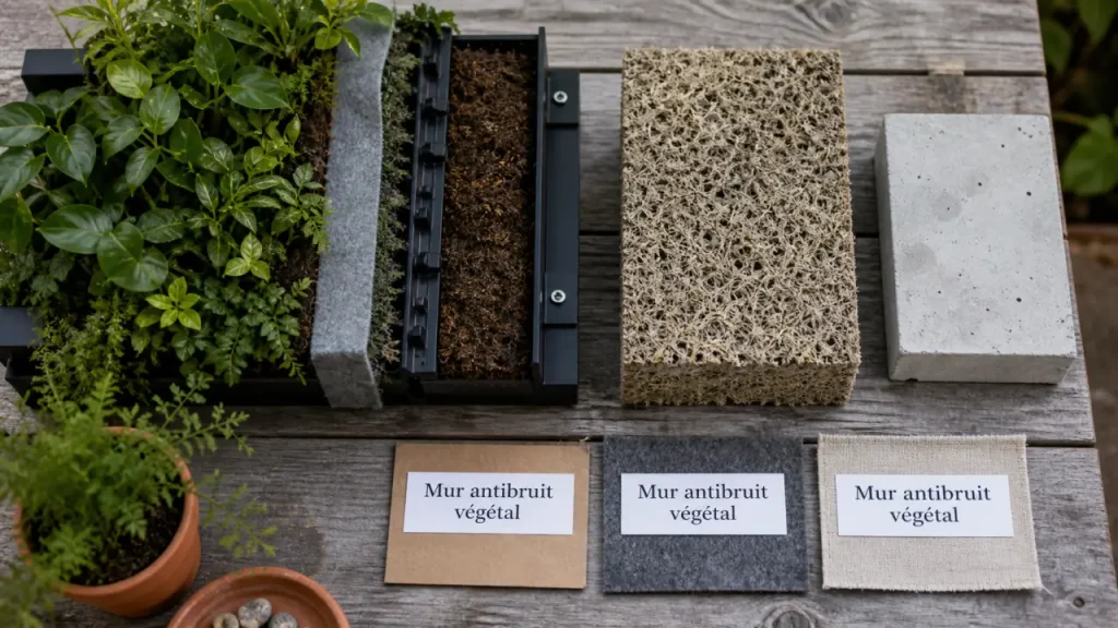 Mur anti bruit végétal : coupe avec couches techniques et acoustique