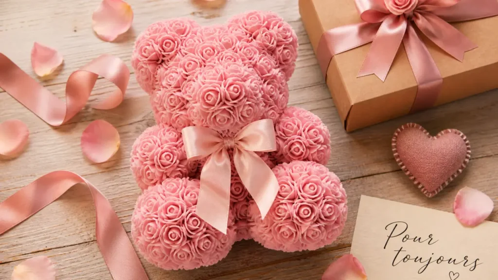 Ours en rose, nounours rose poudré en pétales et ruban satin
