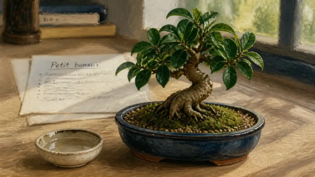 Petit bonsaï en pot sur bureau, lumière du jour