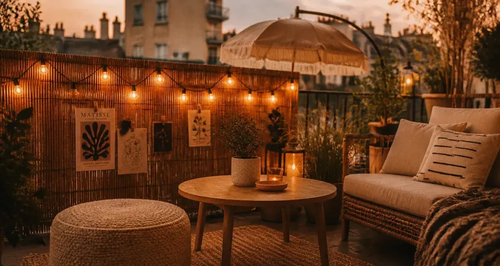 Petite terrasse cosy sur balcon 4 m² : tapis, pouf et plantes