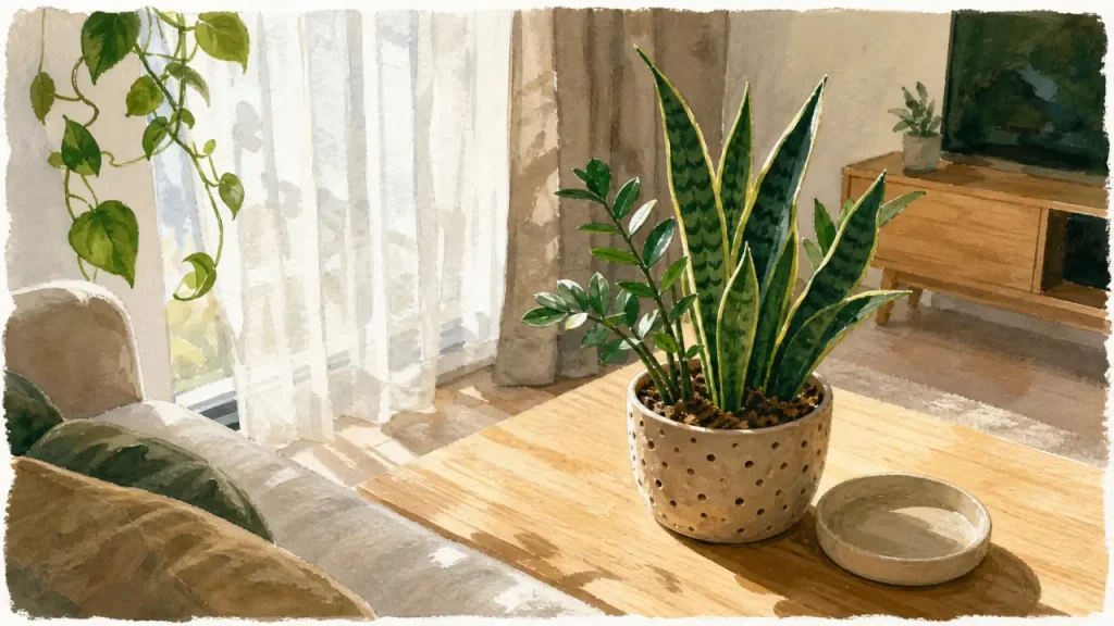 Plante d’intérieur facile : sansevieria et zamioculcas en pot