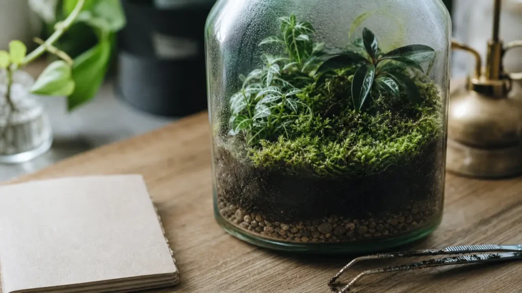 Plante dans bocal : terrarium en verre embué avec petites plantes tropicales